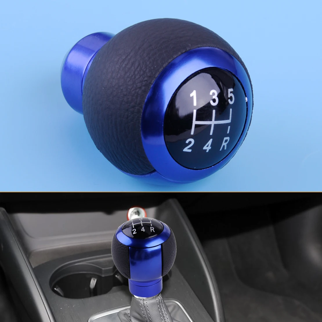 DWCX Blue & Black Genuine Leather 5 Speeds Car Interior Gear Stick