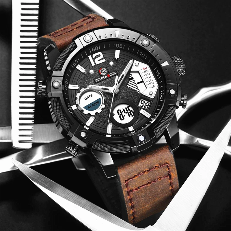 

Relogio Masculino GOLDENHOUR Mens Quartz Watches Leather Strap New Fashion Waterproof Military Sport Dual Time Digital Watch Men