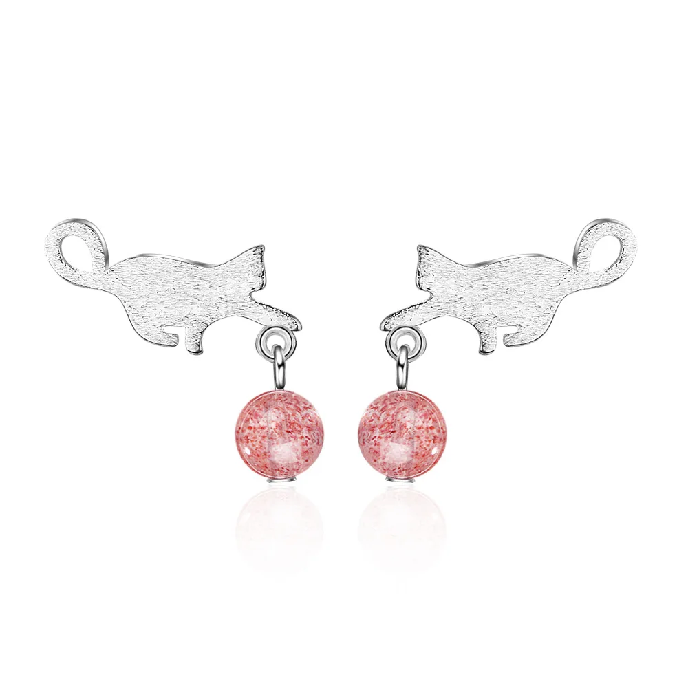 

Sweet Little Cat Animal Strawberry Quartz 925 Sterling Silver Ladies Stud Earrings Wholesale Jewelry Women Gift No Fade Cheap