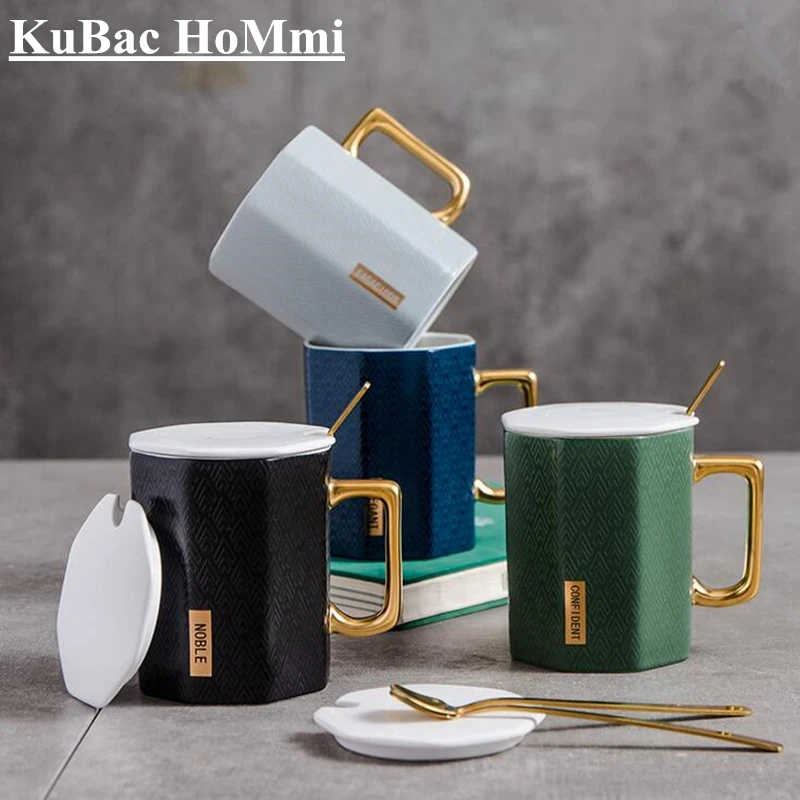 KuBac HoMmi многоугольная Золотая креативная керамическая чашка с крышкой Ложка