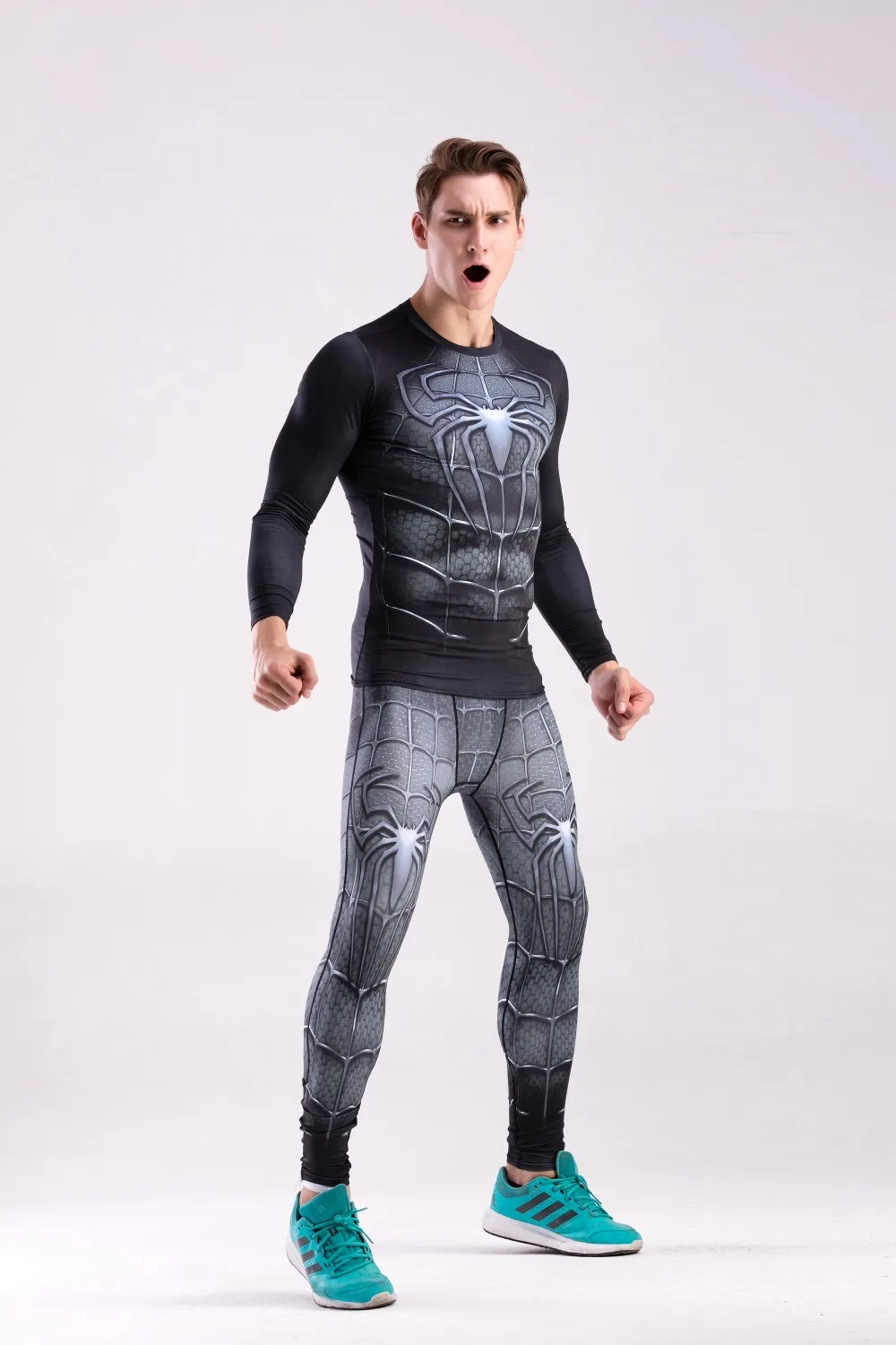 Джоггеры обтягивающие леггинсы размера плюс компрессионные комплекты высокоэластичная Мужская футболка повседневные спортивные костюмы для фитнеса Человек-паук костюмы для фитнеса