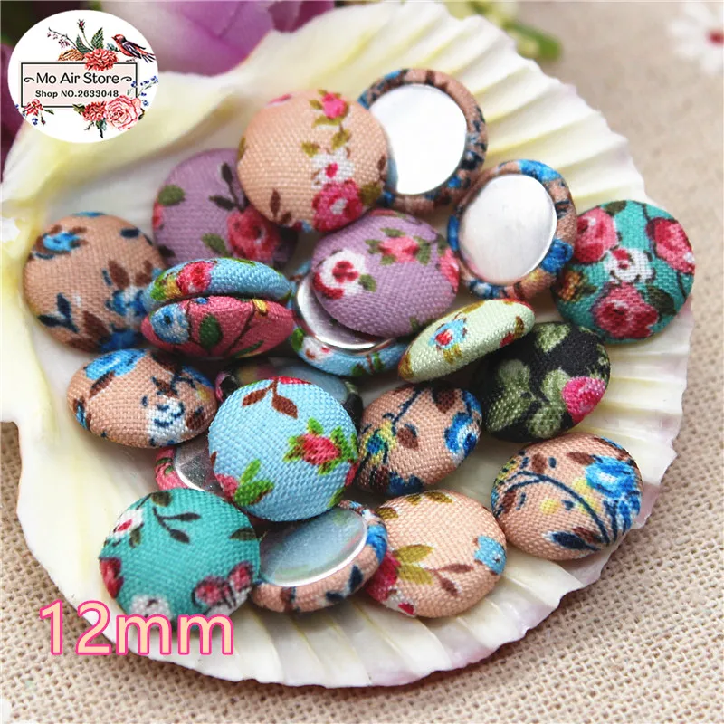 50pcs Mix Color Flatback Flower Fabric Covered Round Buttons Home Garden Crafts Cabochon Scrapbooking DIY 12mm