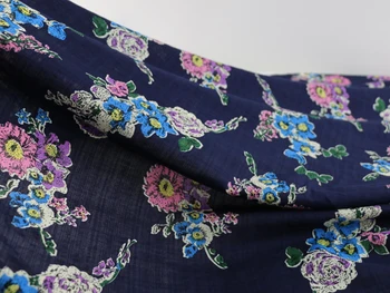 

Meter Soft Linen Cotton Seersucker Fabric Thin Summer Shirt Material Navy Floral