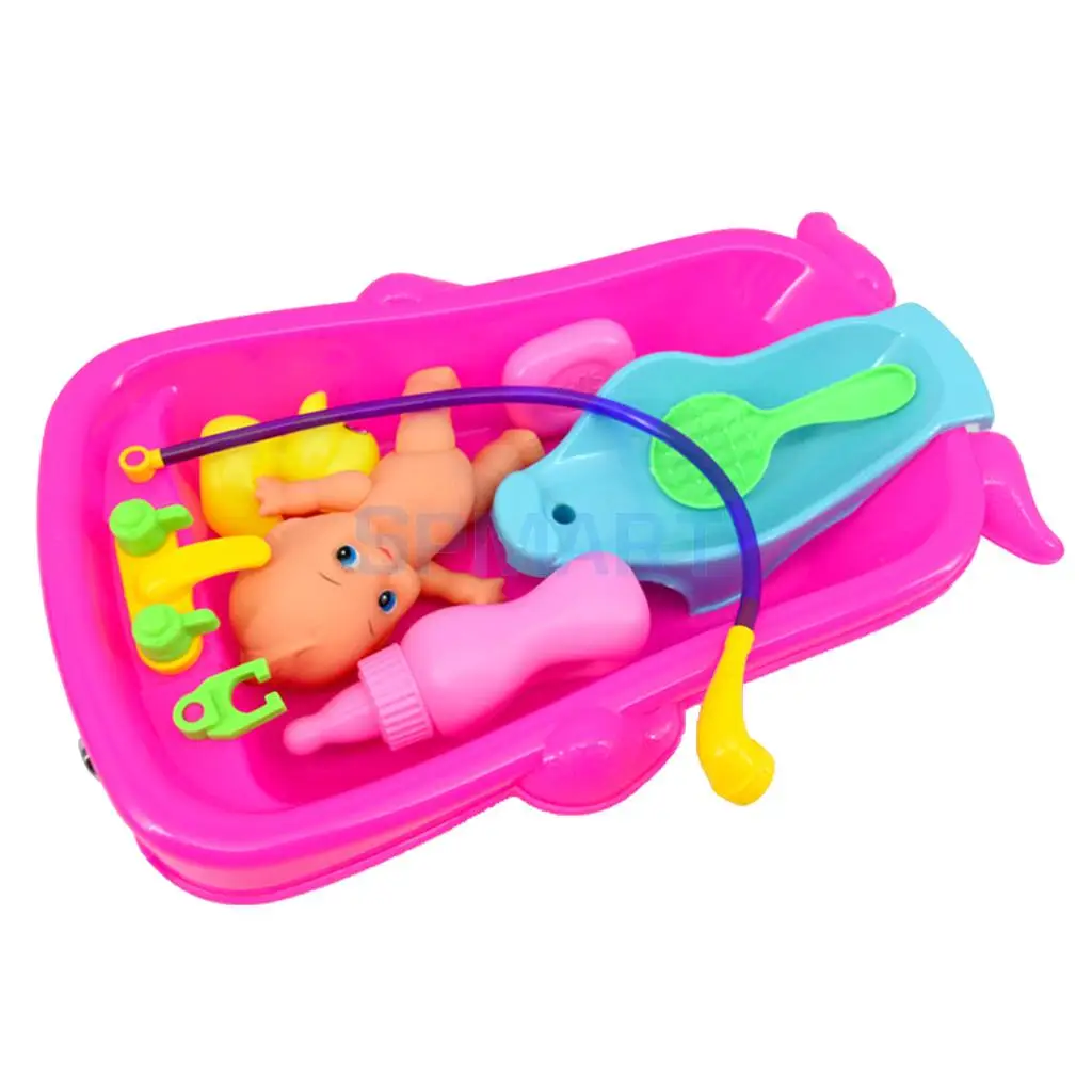 Set of Toddler Baby Adult Role Pretend Play Game Doll Bath in Bathtub Developmental Preschool Water Toy w/ Doll Gift Red