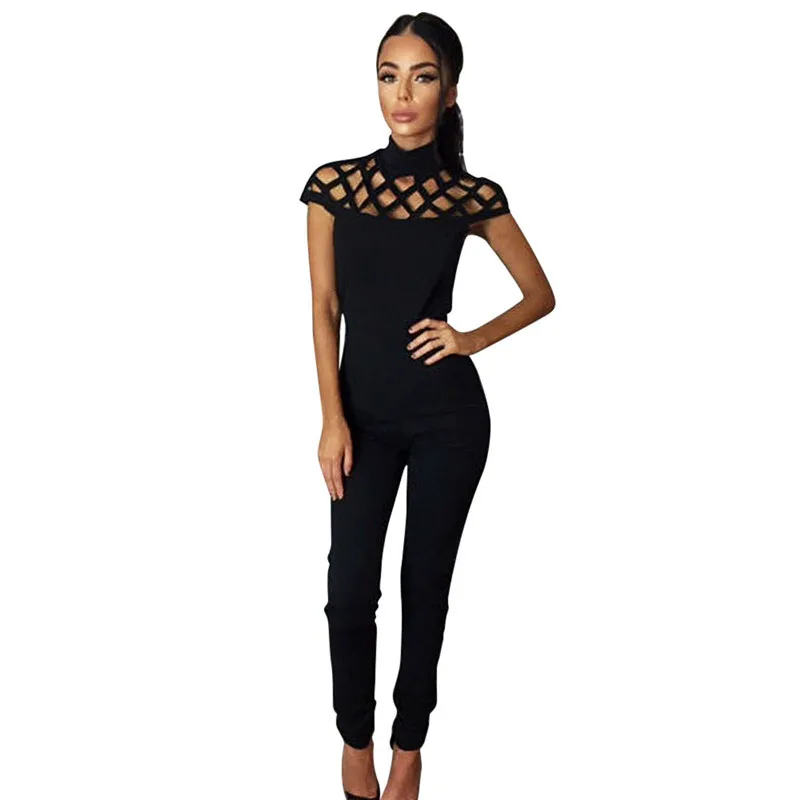 Long Jumpsuits For Women 2017 Choker High Neck Caged Long Rompers Women