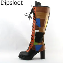 Для женщин Карманный разноцветные из коровьей кожи Ботинки на шнурках Для женщин Лоскутные ботинки до колена не сужающийся к низу каблук; высокие зимние сапоги