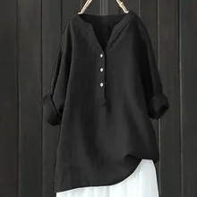 Женская Туника большого размера, однотонная блузка со стоячим воротником и длинным рукавом, Повседневная Свободная блуза на пуговицах, S-5XL, blusas mujer de moda