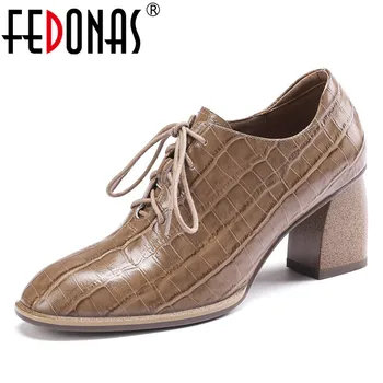 

FEDONAS 2019 New Solid Genuine Leather Shallow Lace-up Women Pumps Fashion Comfortable Single Shoes Spring Summer Shoes Woman