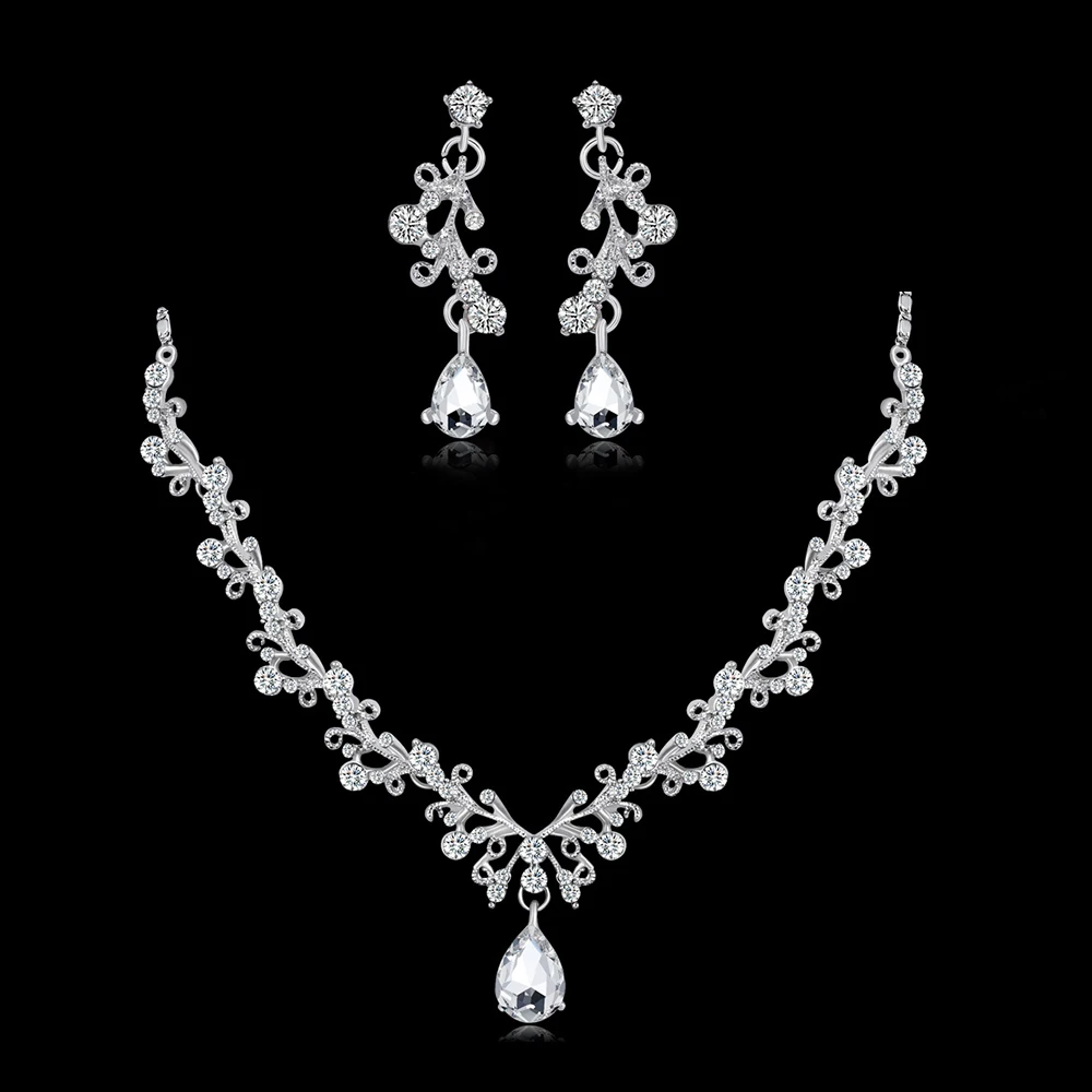 1 Set Elegant Bridal Wedding Jewelry Sets Rhinestone Water Drop Necklace Earrings Costume