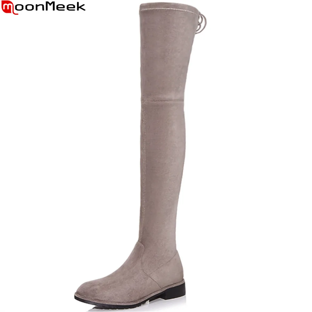 

MoonMeek fashion new arrive women boots round toe flock ladies boots height increasing black gray sexy over the knee boots