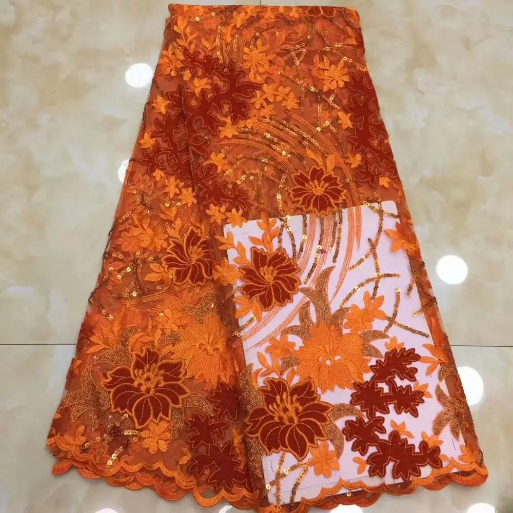 

2019 New Design French Sequins Net Lace, Orange Color African Velvet Tulle Mesh Sequence Lace Fabric For Party Dress 5 Yards/Lot