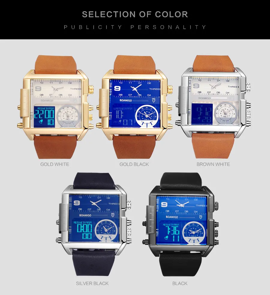 Mens Watches Top Brand Luxury BOAMIGO Wrist Watches for Men Sport Leather Band Military Chronograph Digital Watch Rectangle Case (30)