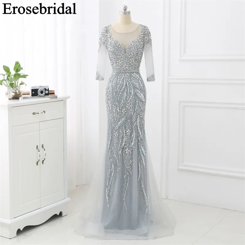 Серое/цвета шампанского с длинным рукавом вечернее платье бисерное вечернее платье для женщин элегантные платья для вечеринки Русалка