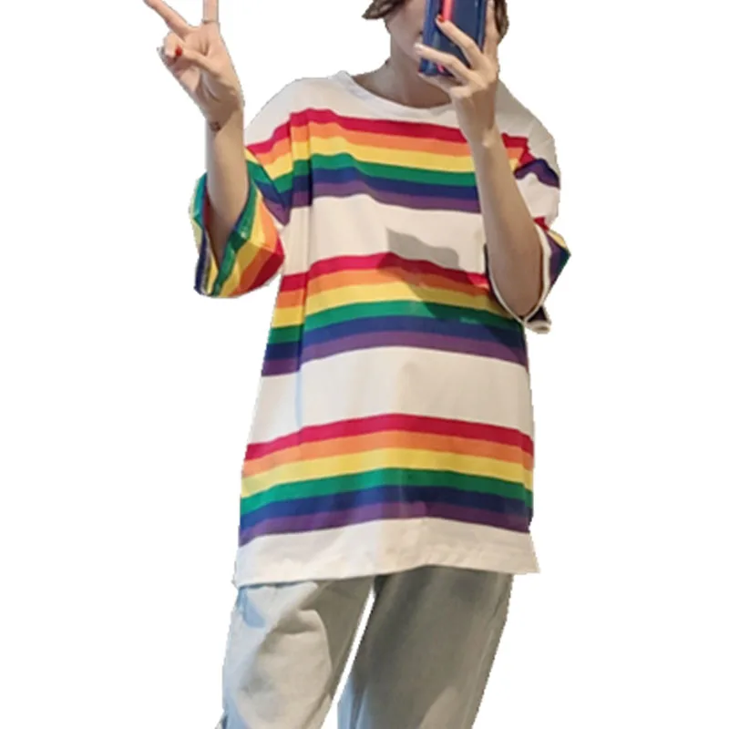 

Casual Comfortable Maternity Clothes Summer New Pregnancy Tshirt Rainbow Stripe Maternity Tops Korean Fashion Pregnant T Shirt