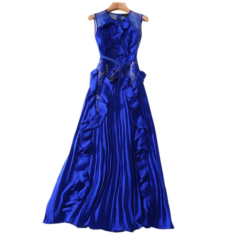 

Women Maxi Dress 2019 High Quality Women Runway Dresses O-neck Sleeveless Ruffles Patchwork Pleated Long Party Dress NPD0349MP