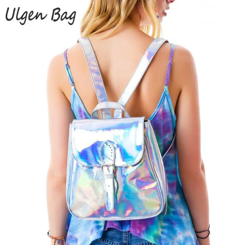 

Cool Women's Rainbow Hologram Backpacks Laser Silver Color Holographic Mirror Mini Shoulder Bags for girls