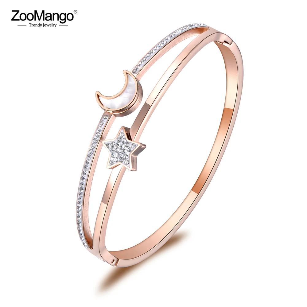 

ZooMango Trendy Rhinestone & Shell Lovers Moon Star Stainless Steel Bracelet Bangle For Women Rose Gold Cuff Bangles ZB19001