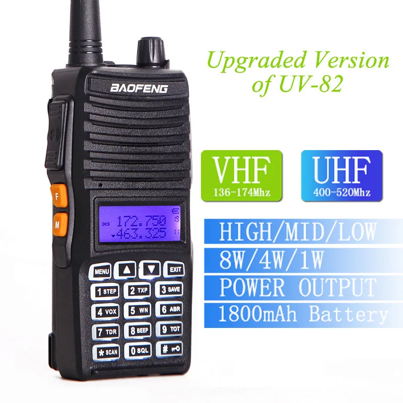 Baofeng UV-82 (II) правда 8 Вт Мощность ful Tri-Мощность 8 Вт/4 Вт/1 Вт Доль PTT двухдиапазонный 136-174/400-520 мГц 10 км Walkie Talkie обновление UV-82