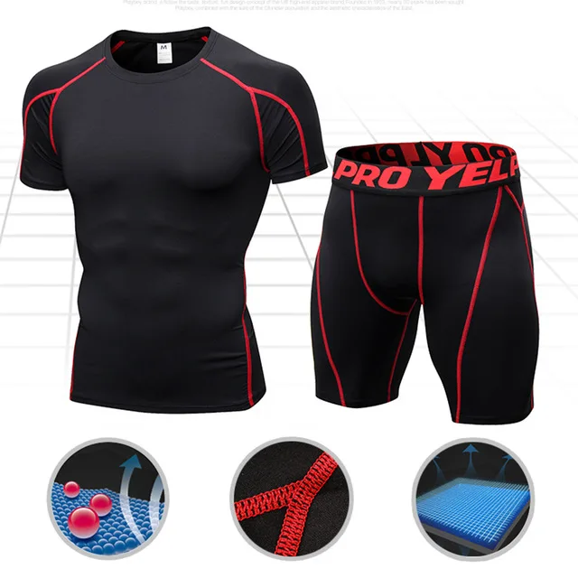 

Yuerlian Compression Muscle Men Tracksuit Demix Running Set Fitness Tight T-shirt Legging Shorts Men's Sportswear Gym Sport Suit
