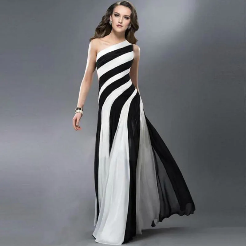 2016 Chiffon One Shoulder Maxi Dress Black And White Sexy Prom Dresses In Prom Dresses From