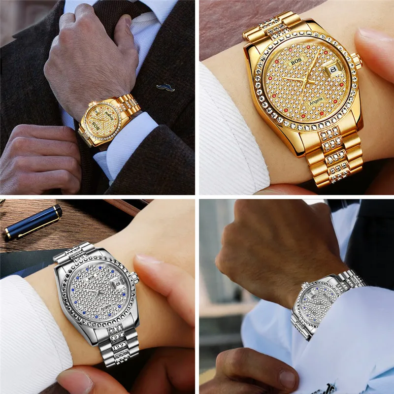 Relogio Masculino Анжела BOS Роскошные Брендовые Часы Для мужчин Водонепроницаемый золотистый, серебристый, цвета алмаза автоматические механические наручные часы Montre Homme