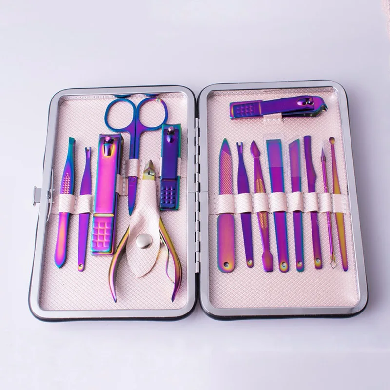 15pcs Manicure Tools Set Stainless Steel Dreamy Purple Nails Clipper Scissors Pedicure Kit Cuticle Pusher Nail Art Care Tool