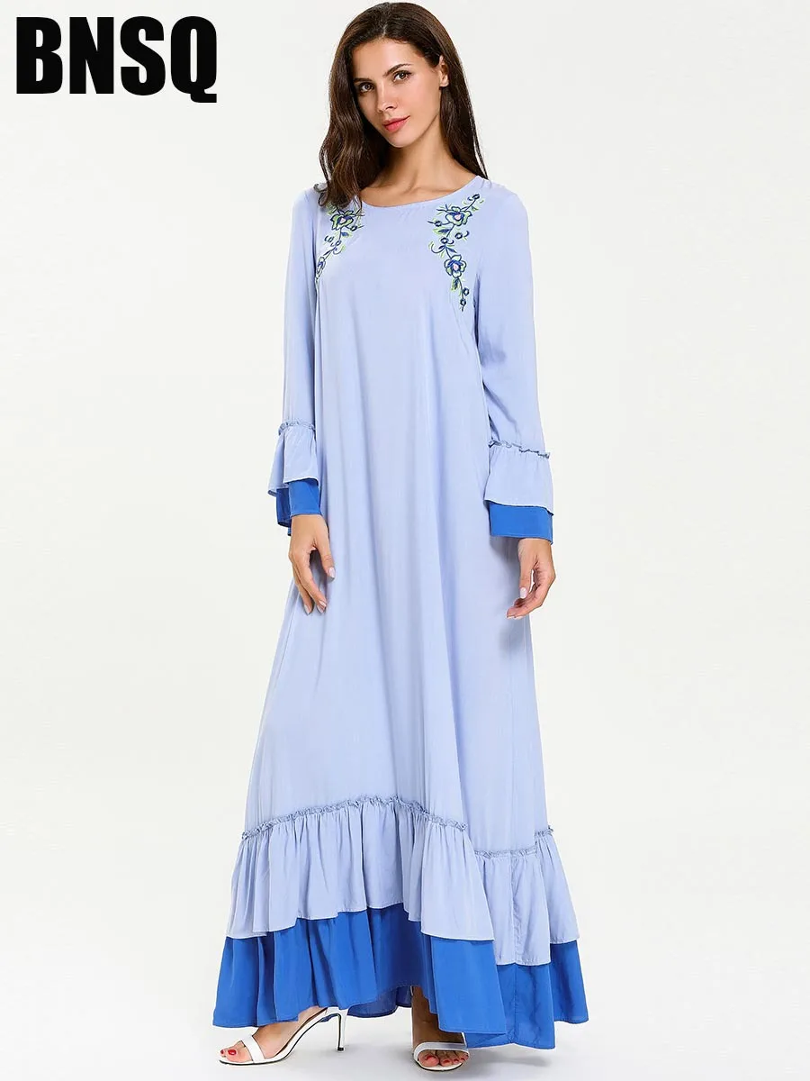 Элегантный мусульманская вышивка Абаи Flare рукавом Макси платье свободное кимоно длинные халаты Jubah Рамадан Ближний Восток Eid Исламская