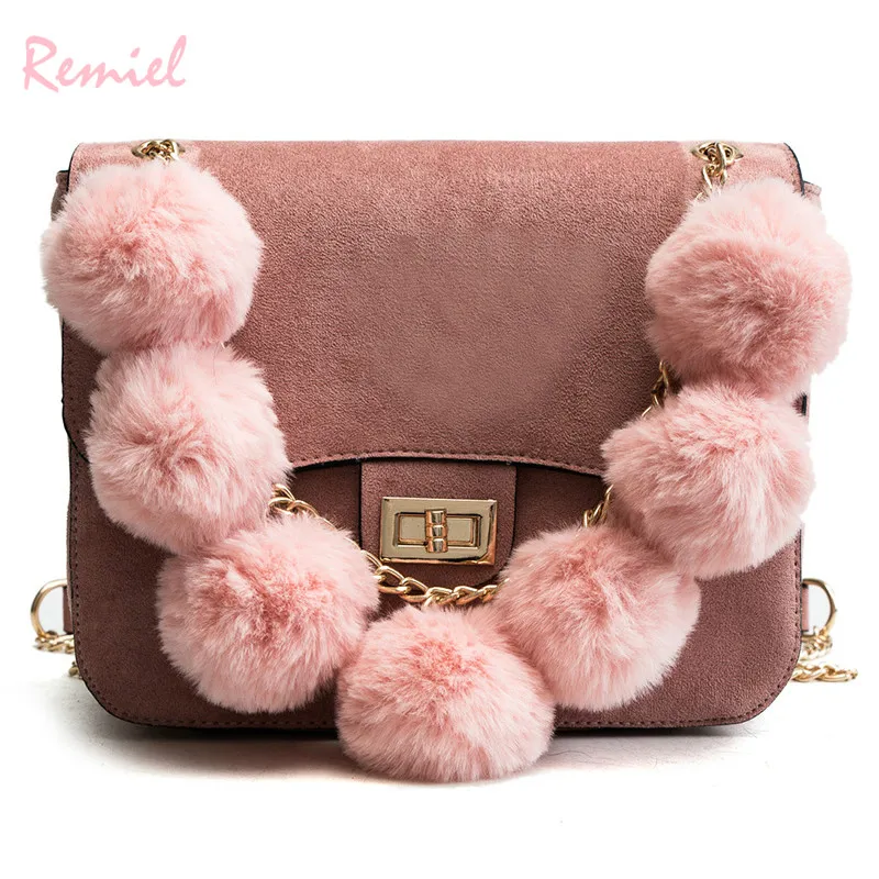 

Women's Designer Handbag 2018 New High quality Matte PU Leather Women bag Hair ball Chain High capacity Shoulder Messenger bag