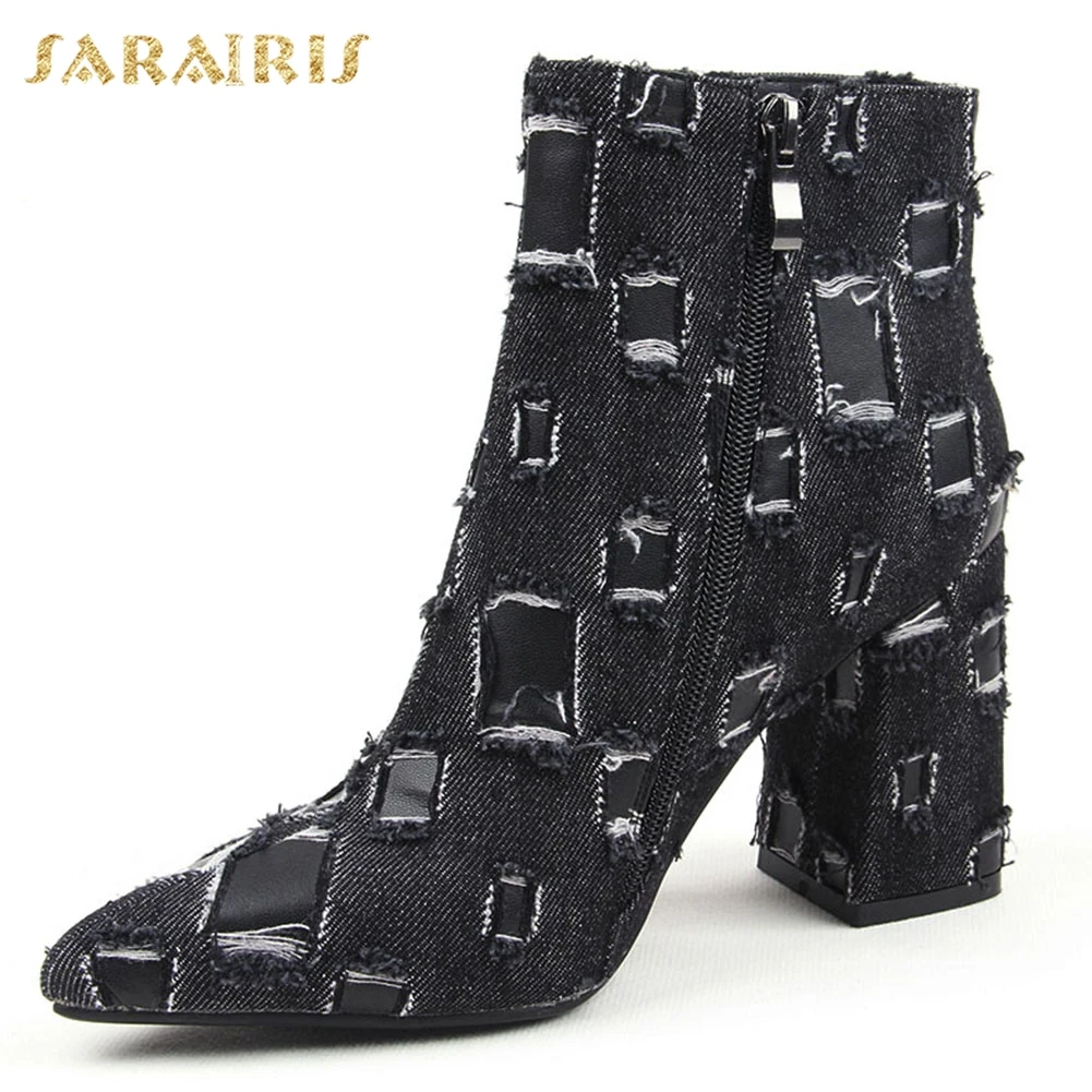 

2019 Fashion Denim Pointed Toe Ankle Boots Woman Winter Autumn 2019 women's High Heels Shoes Boots Women Plus Size 35-43