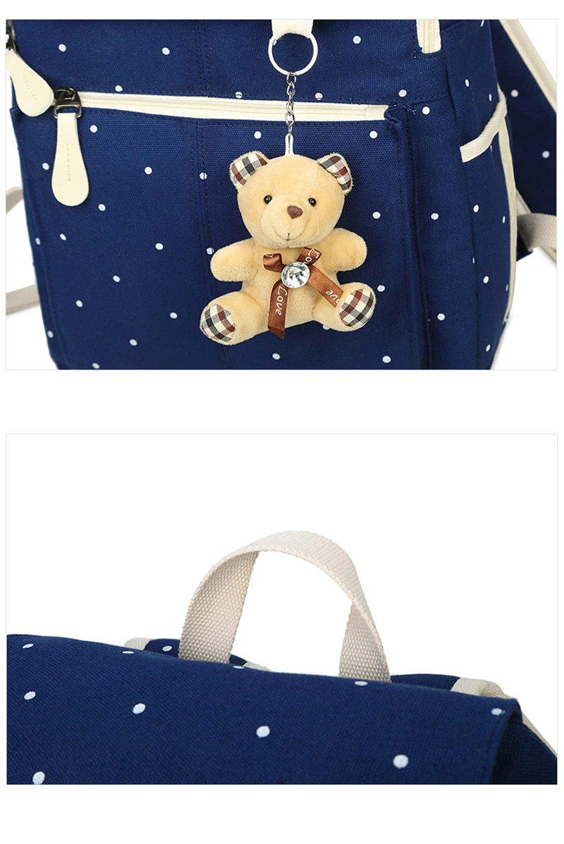 Холстяной рюкзак для девочек 4 шт./компл. Для женщин школьные рюкзаки школьный рюкзак для девочек-подростков, рюкзак для путешествий, сумка для книг с милым медведем кулон