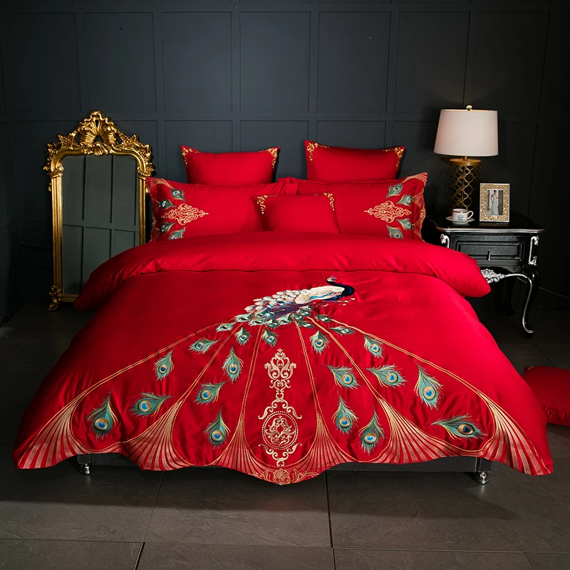 60S Cotton Embroidery Peacocks Feathers Duvet Cover Bed Sheet