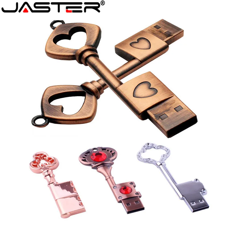 

JASTER Metal heart key usb flash drive copper love pendrive 4gb 8gb 16gb 32gb pen drive memory stick U disk fashion Gifts