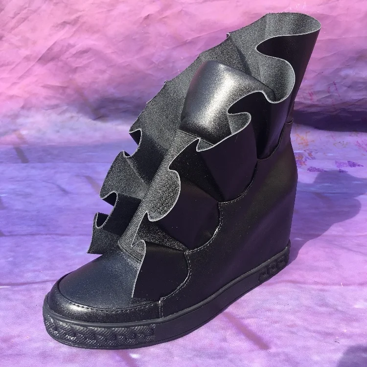 

Hot Autumn Winter Shoes Woman Casual Cozy Ankle Boots Genuine Leather Height Increasing Ruffles 8cm Wedge Boots Mujer Shoes