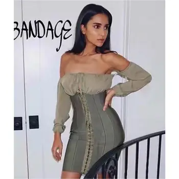 

Top Quality Green Long Mesh Sleeve Off The Shoulder Rayon Bandage Dress Club Party Bodycon Dress