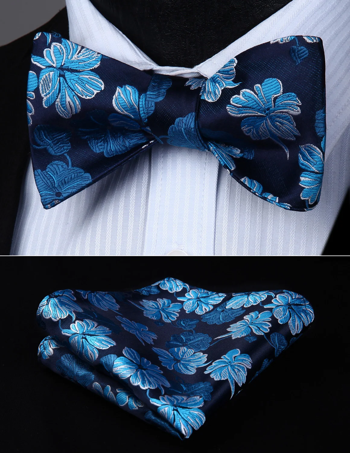 Bow Tie handkerchief set BF809VS Navy Blue Flower Bowtie Men Butterfly