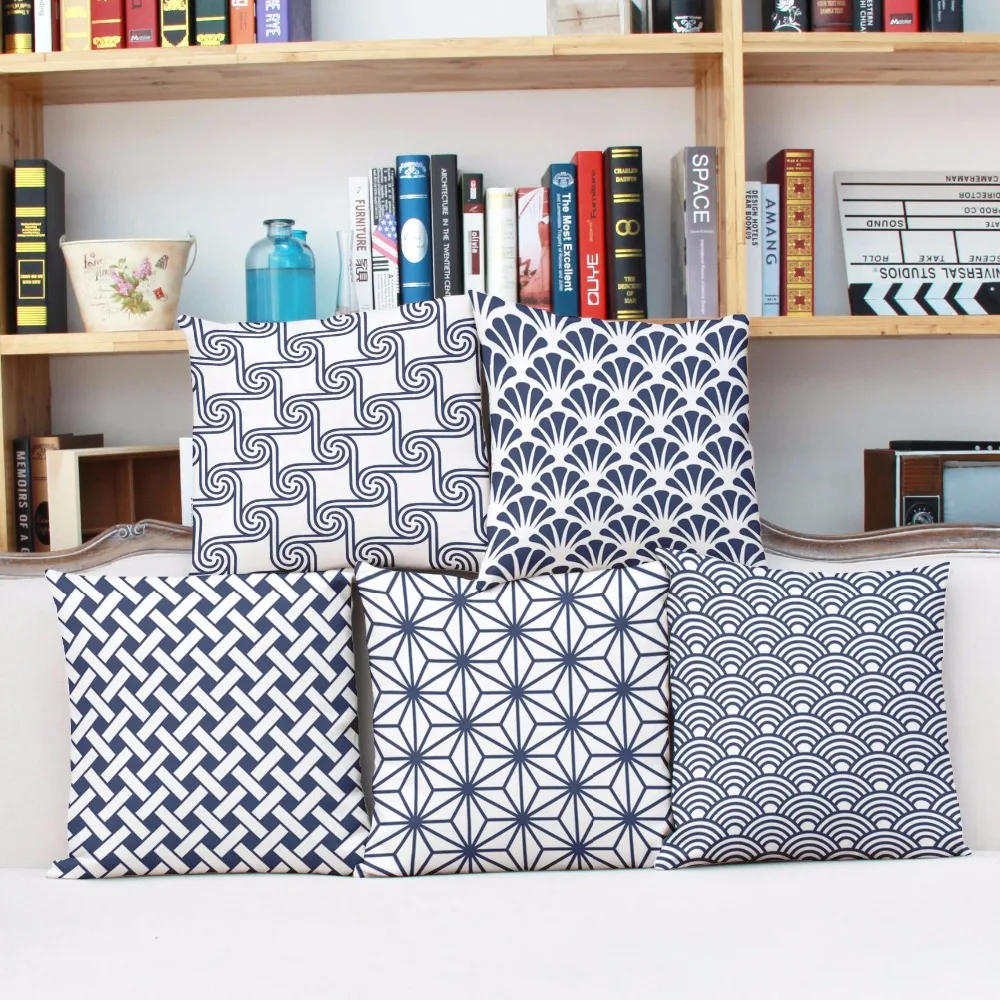 Retro Vintage White Blue Tribal Floral Cotton Linen Cushion Pillowcase