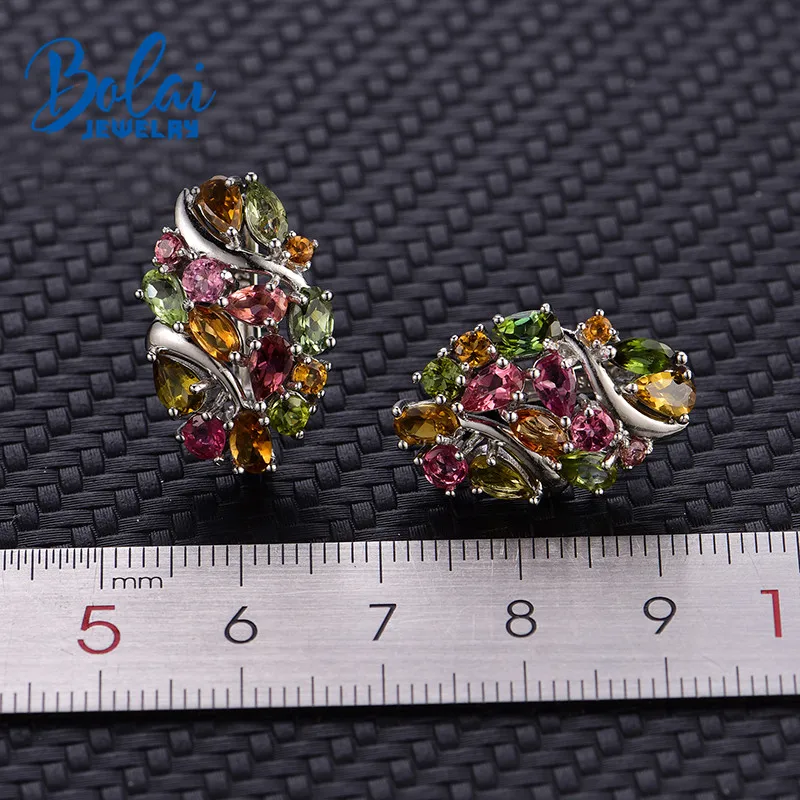 Bolai natural Brazil tourmaline clasp earrings 925 sterling silver multi color gemstone luxury jewelry for women wedding party
