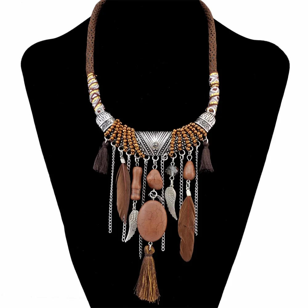 Idealway ручной работы этнические синие коричневые перья кулон ожерелье из кожаной цепи для женщин богемные вечерние юбилейные племенные ювелирные изделия