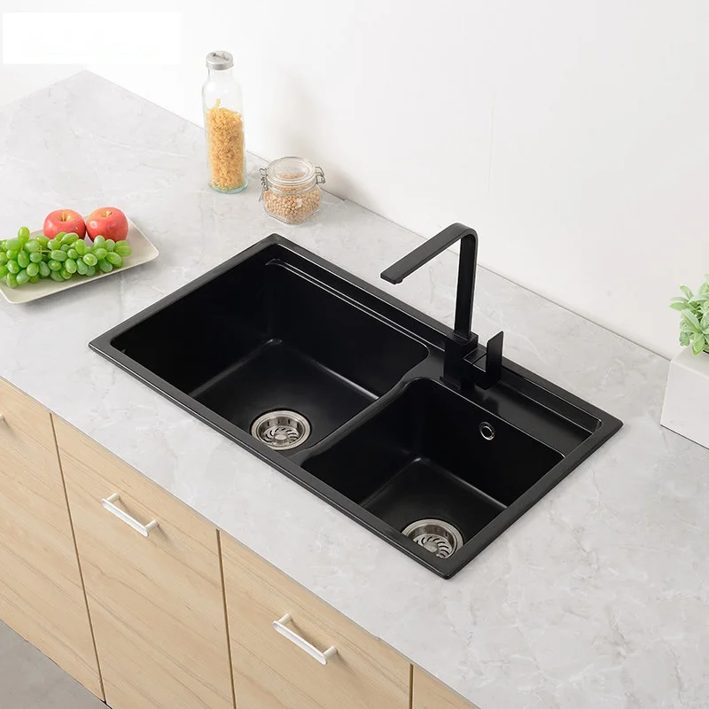

High-end thickened black quartz sink, double-tank domestic kitchen, double-tank vegetable wash basin, manual sink set