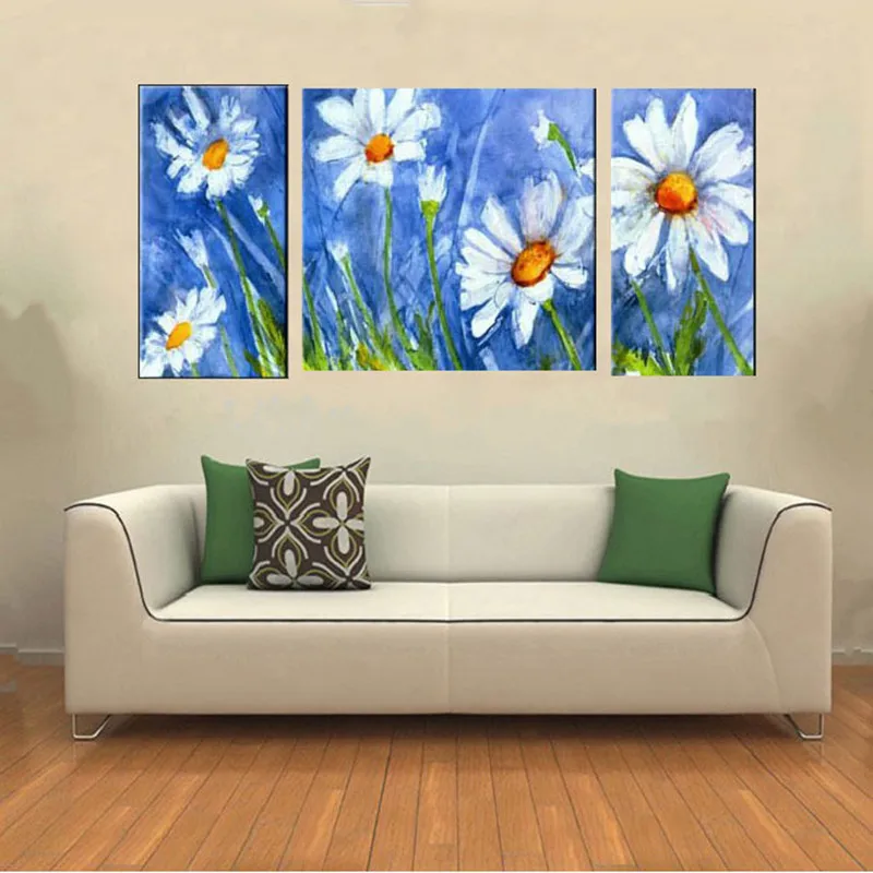 

Hand-painted Acrylic Floral Paintings Handmade Daisy Flower Oil Painting on Canvas Modern Home Decor Wall Art 3 Panel Pictures