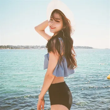 

Women 2019 Push Up Bikini Ruffled Swimwear Blue High Waist Flounce Swimsuit Retro Bathing Suit Ladies Sweet Bikini Beach Wear