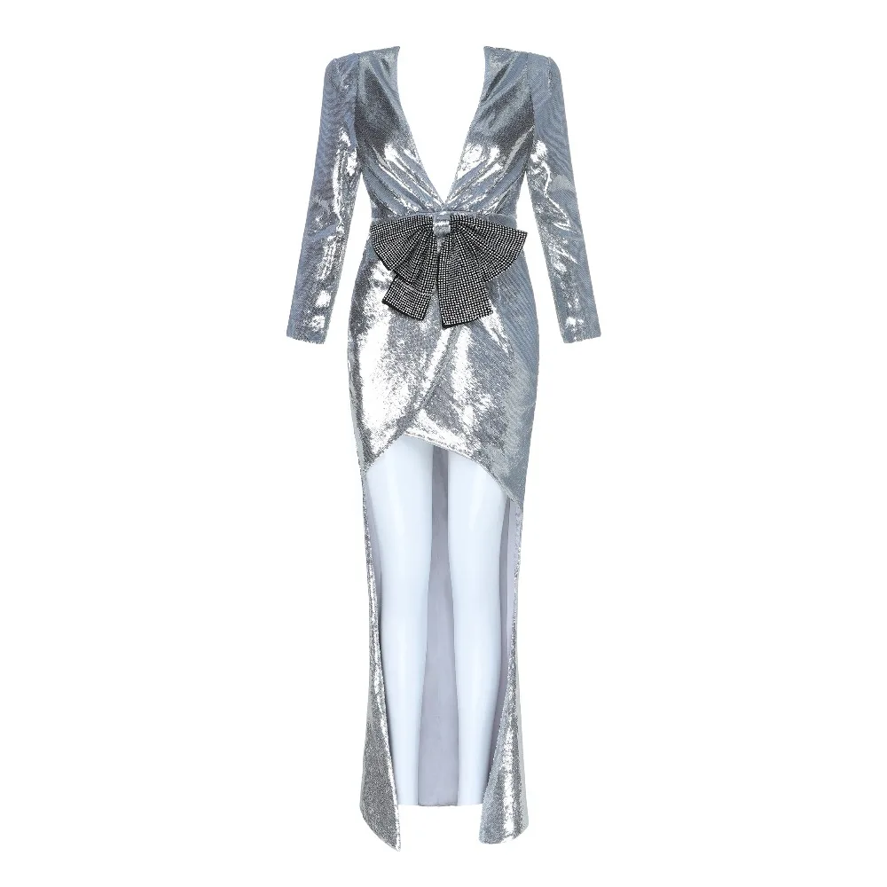 Défilé Longue Corps Pub Mode Profonde Sexy Nouveau Gros Partie En Arc cou Argent Con Robe Club Élégant Celebrity Style Paillettes De Robes V Awtcp0pq