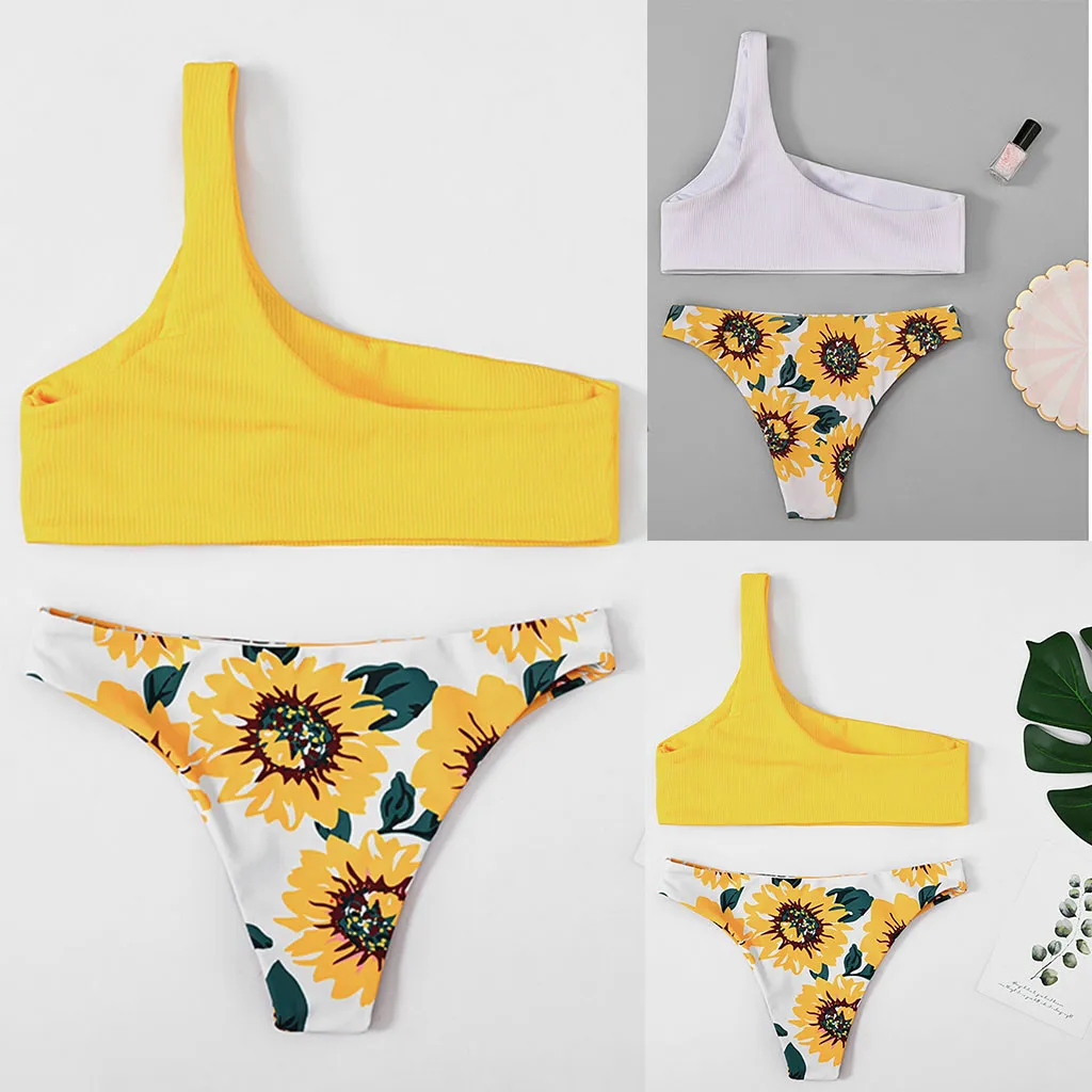 

sexy Women Bikini Set One shoulder Swimsuit floral Print Monokini Bathing Suit Push Up Swimwear two piece beachwear