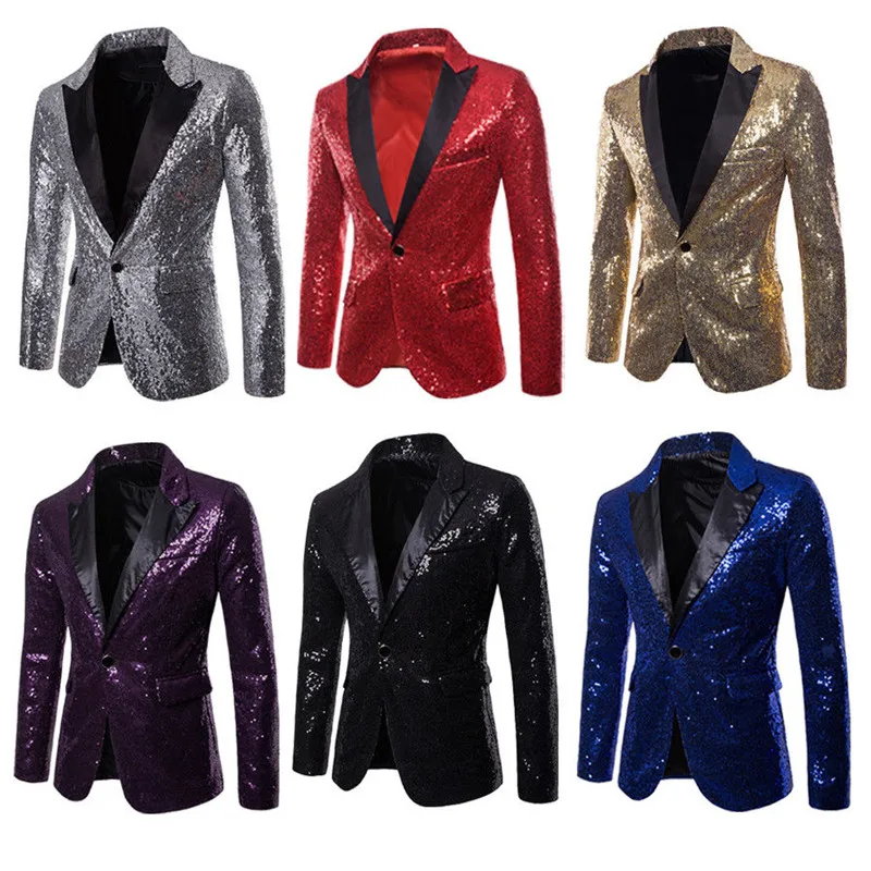New Men Sequin Coat Rock Elegant Long Sleeve Blazer Modern Formal Suit Fashion Jacket Spring Autumn Workwear Outerwear Tuxedo