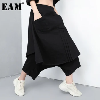 

[EAM] 2020 New Spring Autumn High Elastic Waist Black Loose False Two Stitch Loose Wide Leg Pants Women Trousers Fashion JQ414