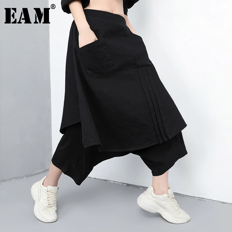 

[EAM] 2019 New Autumn Winter High Elastic Waist Black Loose False Two Stitch Loose Wide Leg Pants Women Trousers Fashion JQ414