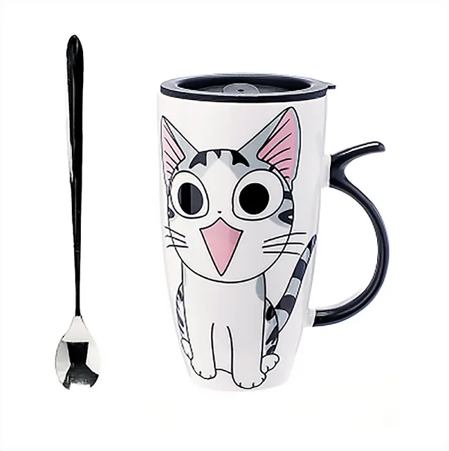Cute Cat Cups Ceramic Mugs 600ml with Lid and Spoon Cartoon Cups