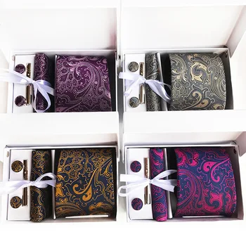 

3.35inch(8 Cm) Wide Ensemble Silver Paisley Man Tie, Handkerchief, Pin and Cufflinks Gift Box Packing Many Color