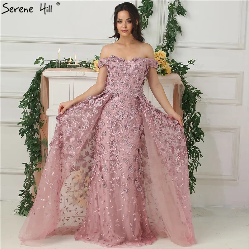 Buy Pink Off Shoulder Handmade Flowers Evening Dresses
