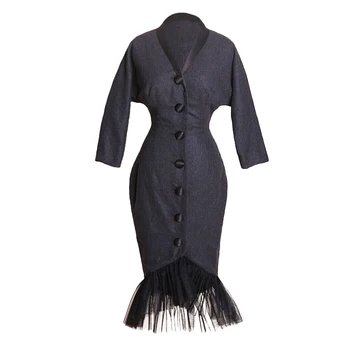 

2018 retro comfortable gray woolen Slim Trumpet / Mermaid dress woolen Top female temperament Dress